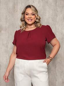 ONLYONE - PLUS SIZE WOMEN'S BLOUSE, SHORT SLEEVE, PRINCESS, PLEATED NECKLINE, LIGHT DUNES - ELEGANT WOMEN'S BLOUSES, LARGE - Redwood - View 3