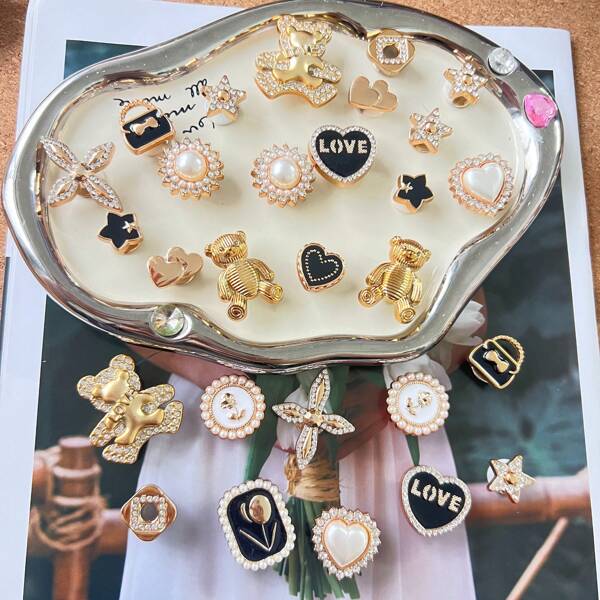 30 piezas de dijes de oso, corazón y estrella brillantes en dorado, decoración desmontable y reutilizable para zuecos calados, sandalias, perfecto para cumpleaños de mujeres y niñas, eventos y fiestas