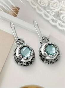 1 paire de boucles d'oreilles pendantes style bohème avec pendentifs ronds en cubic zirconia d'aigue-marine sculptés. Convient aux femmes pour un usage quotidien, des fêtes ou en cadeau de voyage