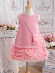 Vestido para niñas, vestido de verano, Vestido rosa de malla de moda para chicas, Vestir de princesa con decoración de dobladillo de encaje + Decoración de cordón, Incluye bolso, Vestimenta de fiesta para exteriores, vacaciones, viajes