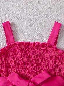 女孩优雅夏季网眼连衣裙，采用吊带和抽绳设计，与星月网眼连衣裙拼接而成，非常适合生日派对、大学派对或其他特殊场合 - 玫紅色 - 查看 4