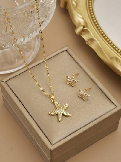 1 pieza Exquisito collar de acero inoxidable con strass en forma de estrella de mar y 1 pieza de pendientes exquisitos de acero inoxidable con strass en forma de estrella de mar, joyería de playa para mujer, serie de temas marinos, accesorios de playa