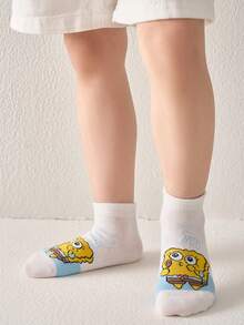 SPONGEBOB 海绵宝宝 5 双儿童短袜趣味新奇卡通海绵宝宝夏季透气吸湿印花袜儿童吸湿排汗适合日常旅行上学穿低帮短袜学生船袜