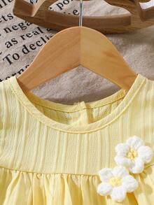Baby Girl Solid Color Sweet Lovely Crochet 3D Flower Cap Sleeve Casual Dress, Suitable For Outdoor Wear - Yellow - View 4