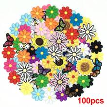 100pcs Assorted Embroidered Iron-On Patches - Butterfly & Daisy Designs For DIY Clothing, Bags, Hats, Jackets - Sewing Appliques In Various Colors