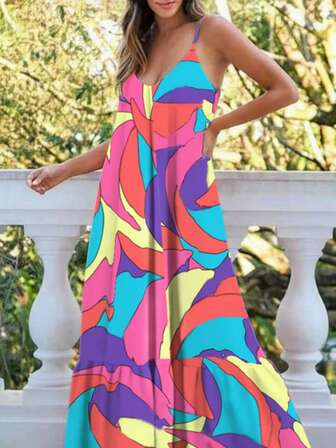 女式休闲度假彩色印花无袖连衣裙