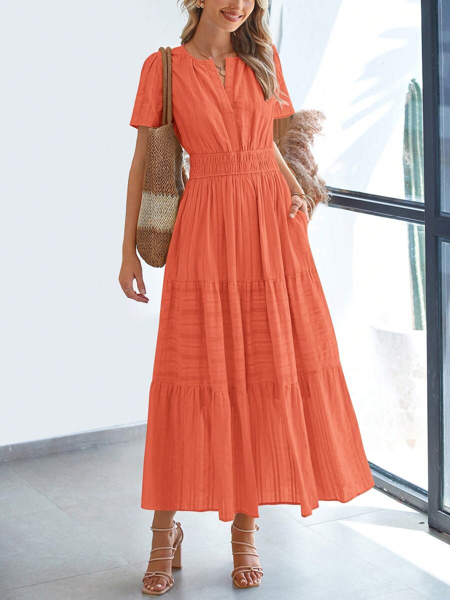 Womens Summer Maxi Dresses Short Sleeve High Waist Tiered Flowy A-Line Boho Bohemian Beach Long Dress Holiday Vacation Beach Valentine Long Dress Outfit - 橘色 - 查看 1