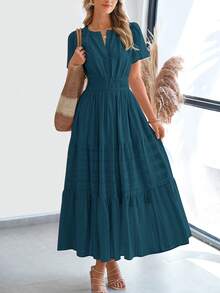 Womens Summer Maxi Dresses Short Sleeve High Waist Tiered Flowy A-Line Boho Bohemian Beach Long Dress Holiday Vacation Beach Valentine Long Dress Outfit - 湖藍色 - 查看 3