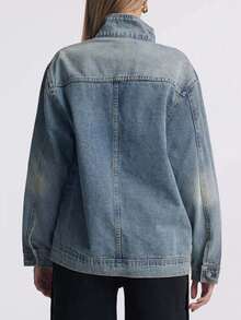 GLOURI Women's Loose Fit Jean Jacket - Asymmetric Slant Placket W/ Multiple Pockets | Long Sleeve Vintage Blue Jean Coat For Streetwear (Winter /Autumn 2025 Fashion) - 藍色 - 查看 4