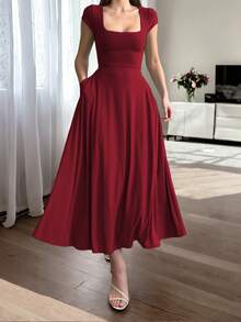 Đầm mùa hè thanh lịch, sang trọng, thích hợp cho công sở, thường ngày, cơ bản, màu trơn, chất liệu vải dệt kim, có dây rút. - Màu Đỏ Sâu - Xem 3