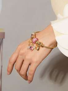 SHEIN MOD 1pc Women Stainless Steel Handmade Green Heart-Shaped Beaded Adjustable Bracelet, Suitable For Daily Wear - Pink - View 4