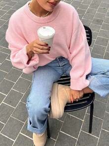 FOR BEAUTY PETITE Autumn And Winter New Women's Round Neck Pink Knitted Sweater Long Sleeved Women's Loose Top, French Romantic Elegant Sweet Simple Slouchy Style Suitable For Daily Go Out Dating Commuting Sweater Pullover ,Women's Clothing ChicAutumn Halloween