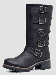 GLOBALWIN Chunky Mid Calf Fashion Dressy Motocycle Biker Military Style Combat Boots For Women Low Heel Fall Boots Halloween Season - 黑色 - 查看 4