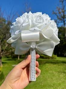 1PC Bridal Bouquet For Wedding; Lace Ribbon Tied Artificial White Rose Flower; Wedding Home Decoration; Wedding Ceremony; Bride's Hand-Held Flower; Church Wedding Ceremony Bridesmaid Prop; Outdoor Wedding Party Photography Decoration Prop