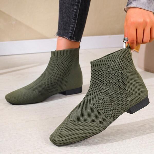 Women's Solid Color Jazz Dance High-Top Dance Shoes, Knitted Elastic Fabric Chunky Heel Short Boots