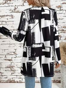 Plus Women's Geometric Patterned Long Jacket - Black and White - View 4