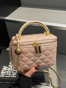 1 pieza Bolso de diseño tipo caja con patrón de rombo BEIKAMU, nuevo monedero y portalipstick, elegante y chic bolso de hombro cruzado con cadena