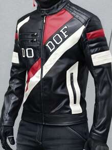 Men's Colorblock Stand Collar PU Leather Jacket, Fashion Biker Motorcycle Jacket, Spring/Autumn