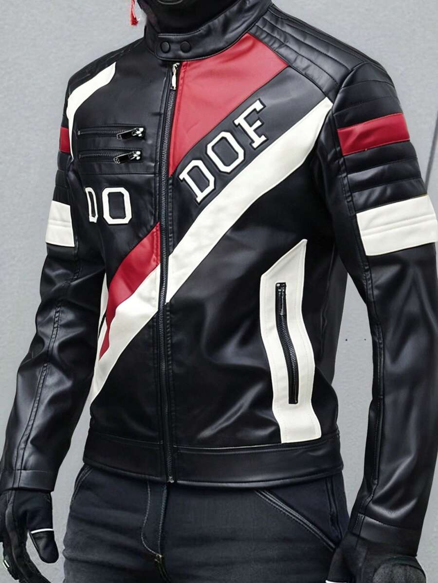 Men's Colorblock Stand Collar PU Leather Jacket, Fashion Biker Motorcycle Jacket, Spring/Autumn