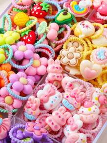 50pcs/Set Random Mix Color & Design Bow Elastic Hair Bands, Cute Flower Vegetable Fruit Strawberry Hair Accessories, Suitable For Girls Daily Use
