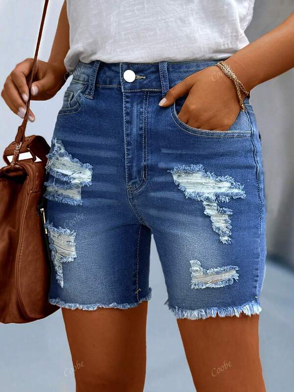 Women's Fashion Distressed Denim Shorts, Casual Street Vacation Style, Summer
