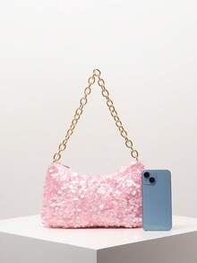 闪亮亮片单肩包、新娘派对包、金属链带女士手拿包、舞会配饰、优雅女士包、婚礼用品、闪亮派对钱包（图案随机） - 粉色 - 查看 3
