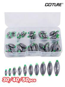 GOTURE Goture 30/40/50 Peças Chumbo de Oliva Destacável com Núcleo de Plástico, Peso Oval Partido, Versátil em 10 Tamanhos, Adequado Tanto para Água Salgada Quanto Doce, Caixa Portátil