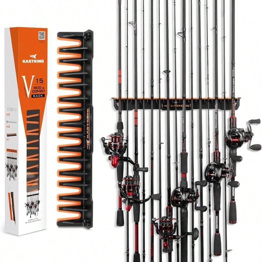 KastKing V15 Vertical Fishing Rod Holder – Wall Mounted Fishing Rod Rack, Store 15 Rods Or Fishing Rod Combos In 17.25 Inches, Great Fishing Pole Holder And Rack - A: Black_Orange: 1 Pack (store 15 Rods) - View 1