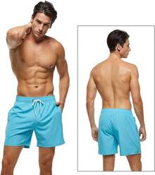 Pantalones cortos de natación para hombres de secado rápido con bolsillos con cremallera y forro de malla - Celeste - Ver 2