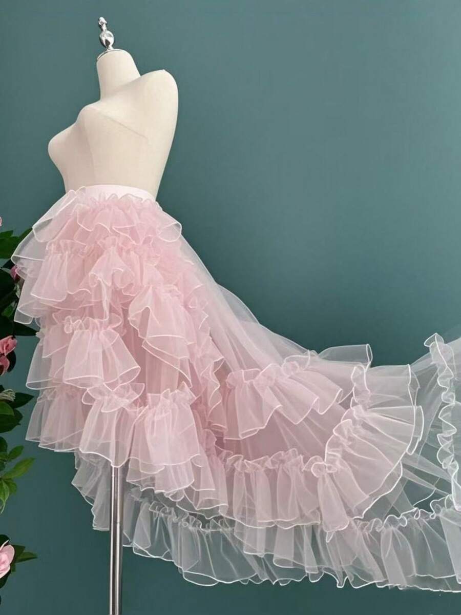 Váy cưới Lolita kiểu Châu Âu & Mỹ nhẹ, bóng, liền thân, 3 tầng, buộc dây, họa tiết hoa, có đuôi dài, thích hợp cho mùa thu, phụ kiện ngày Valentine cho nữ. - Màu Hồng baby - Xem 1