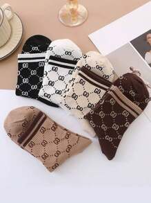 5 Pairs Women's Striped Letter Pattern Socks, Multi-Color, Elegant Retro Style Fashionable Versatile Sports Socks, Spring/Summer