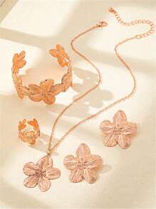 2pcs/5pcs Metal 5-Petals Flower Jewelry Set - Necklace Earrings Bracelet Ring, Sweet & Elegant Women Accessories