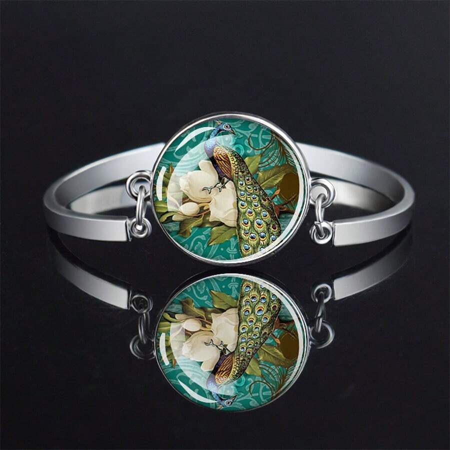 1pc Peacock Pattern Design Round Glass Texture Bracelet Unisex Fashion Accessory Holiday Gift Party Gift - Style1 - View 1