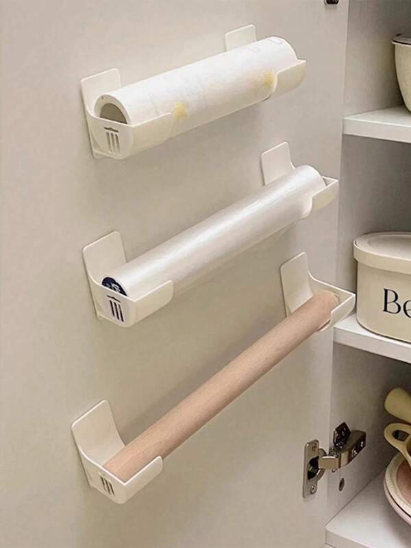 Set de 2/4 piezas dispensador y soporte adhesivo de plástico para bolsas y envoltorios, organizador de cocina montado en la pared para film y bolsas de basura, solución de almacenamiento versátil sin taladrar para gabinetes y laterales de refrigeradores, ahorro de espacio para bolsas de plástico, envoltorios y rollos de papel, organizador versátil para cocina y baño, soporte de envoltura de plástico y bolsas de basura sin taladrar, para cumpleaños, inauguración de casa, Navidad