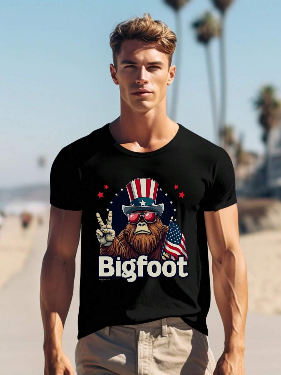 Bigfoot 4th Of July T-Shirt - Patriotic Sasquatch American Flag Tee - 220g Cotton Graphic Novelty Top - USA Pride Summer Apparel - Funny Independence Day Gift For Men Women 0001 - Black - View 1