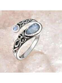 1pc Vintage Bohemian Moonstone Adjustable Open Ring With Spoon & Design - Antique Silver - 查看 2