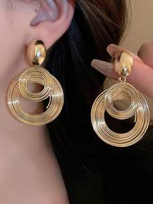 1 par de pendientes de aro redondo y circular de metal en capas para mujer, pendientes largos y colgantes vintage exagerados - Oro 3 - Ver 2