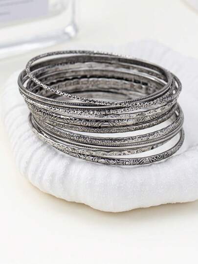 10pcs/Set Alloy Textured Combination Bracelet Set, Bohemian Style For Women & Men, (Random Antique Silver, Antique Bronze With Blackened Effect)