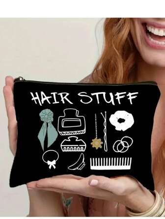 男女通用黑色化妆包 | 发饰印花拉链袋 | 轻便化妆包，适合旅行和新娘派对 | 可容纳发饰、剪刀、梳子、夹子、便携包 | 主题印花袋 | 大容量化妆包旅行必需品假期暑假返校学校用品包女士旅行包