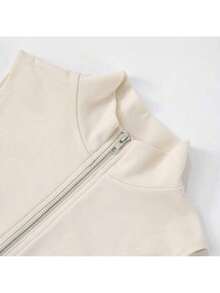 Women's Spring And Summer Zipper Lapel Sleeveless Line Exposed Navel High Waist Close-Fitting Shorts Set - Apricot - View 3
