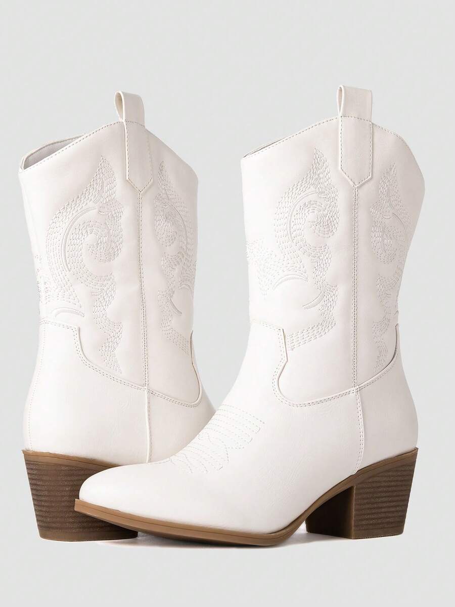 GLOBALWIN Women's Mid Calf The Western Cowgirl Boots Fashion Cowboy Boots For Women Chunky Low Heel Fall Boots Halloween Season - trắng - Xem 1