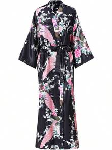 Women's Floral Long Satin Robes Plus Size Long Silk Robes Peacock Floral Kimonos Sleepwear Dressing Gown - 孔雀 | 黑色 - 查看 6