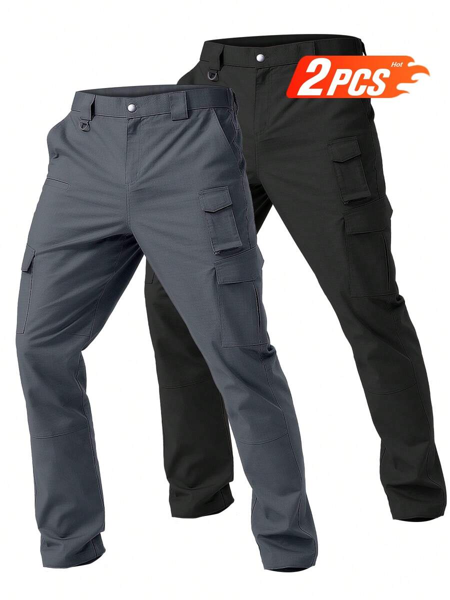2 Pack 31" Men's Cargo Work Pants Water Resistant Tactical Pants Lightweight Hiking Ripstop Pants Outdoor Apparel - 31"黑色灰色 - 查看 1