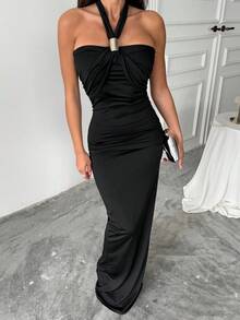 Women's Solid Color Elegant Backless Split Ruffle Hem Dress, Formal Wedding Party Evening Gown - Black - View 2