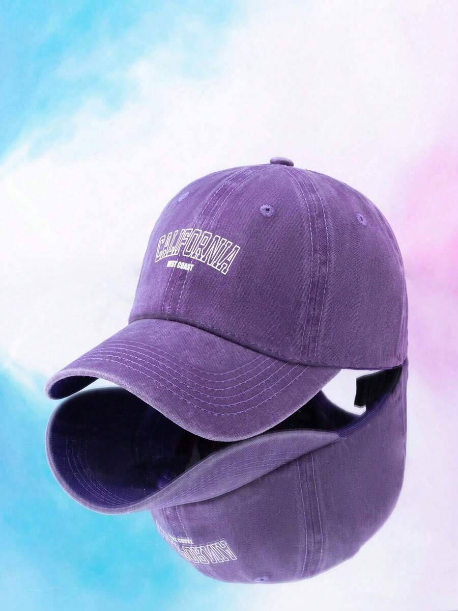 1pc Washed California Graphic Unisex Baseball Cap, Candy Color Fashion Sun Hat, Casual Outdoor Sunscreen Cap For Men And Women - Purple - View 1