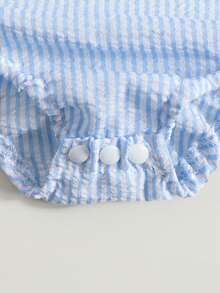 Newborn Football Outfit Baby Girl Boy Summer Romper Overalls Football Embroidery Stripe Print Sleeveless Round Neck Bodysuit Jumpsuit Summer Clothes - 藍色 - 查看 8