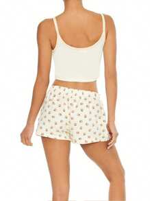 Womens Two Piece Pajamas Set Sleeveless Peach Print Crop Cami Tops And Shorts Loungewear