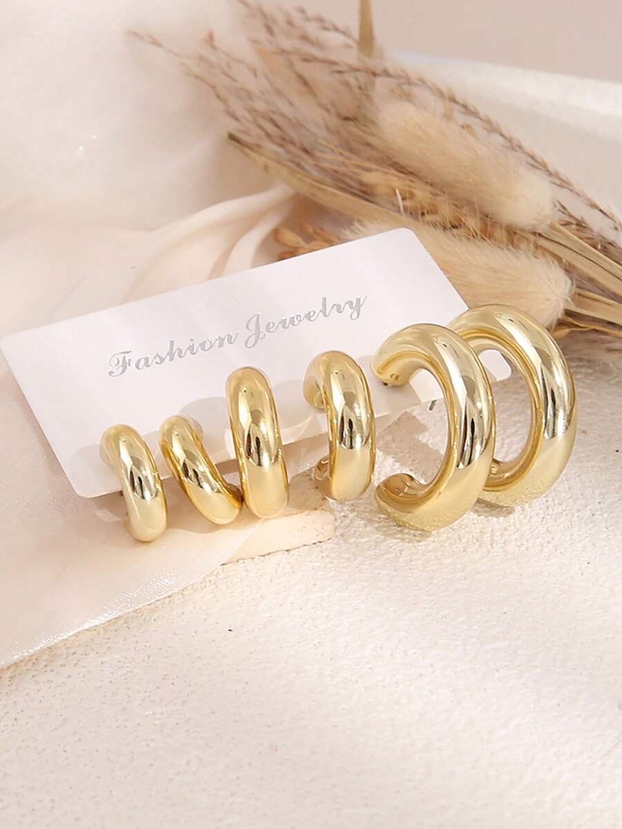 6-12pcs/Set Assorted Size Plain C-Shape Hoop Earrings Set, Gold & Silver Tone, Suitable For Women Daily Wear (No Card Packaging)
