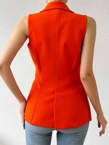 Blazer sin mangas mujer dama solapas elegantes corte largo diseño sofisticado ideal oficina eventos formales look moderno versátil complemento perfecto cualquier conjunto - Naranja - Ver 2