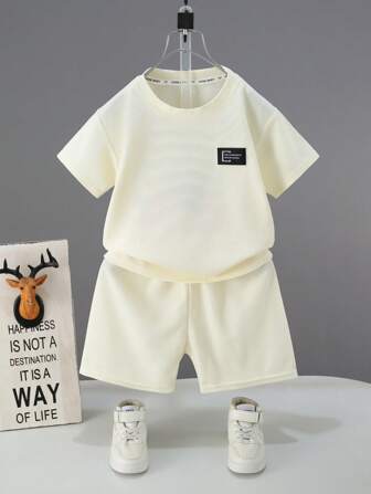 2pcs Toddler/Kids Boys/Girls Summer T-Shirt & Shorts Set, Light-Weight Beige